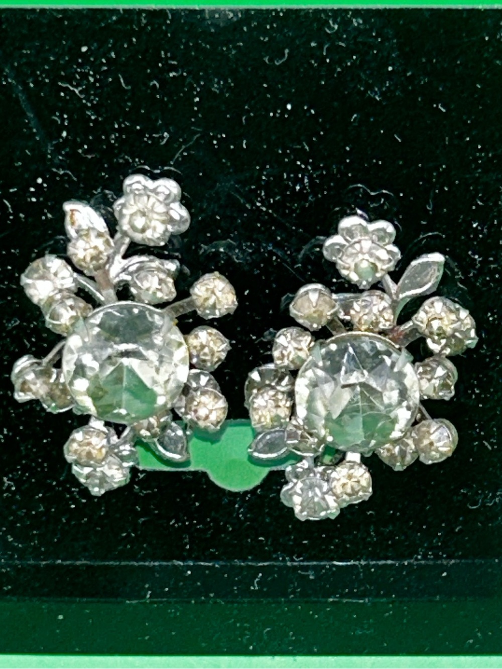 Vintage Silver-Tone Floral Crystal clip on  Earrings